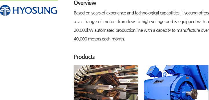 Based on years of experience and technological capabilities, Hyosung offers a vast range of motors from low to high voltage and is equipped with a 20,000kW automated production line with a capacity to manufacture over 40,000 motors each month.